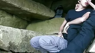 Teen Asian Sucks Huge White Cock and Licks Balls Outdoors