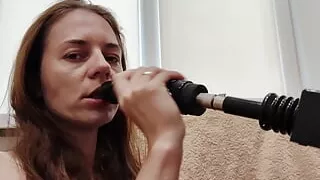 Hot Solo Horny Brunette with Fuck Machine in Fishnet Pantyhose