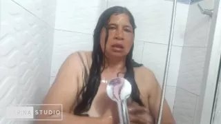 Madura Latina Gets Naked In The Shower And Touches Her Big Tits While Dancing Sexy