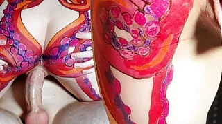 Horny stepsister with huge octopus tattoo on ass helps her jerking stepbrother to cum hard in her pussy