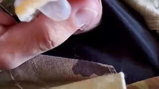 solider shooting a hot load of cum into some ranger panties and jerking off in uniform!