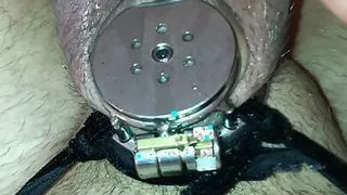 Shower pissing in micro chastity cage with penis plug POV