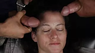 Double team facial blasting for dirty talking good girl