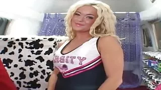 Sexy blonde cheerleader Crista Moore sucks candyman's dick