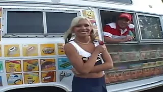 Cheerleader Kacey Jordan with natural tits fucked in a bus