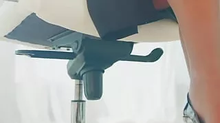 stroking my legs in tights and high heels at the office