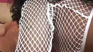 While oiling up her huge black bum the white dude gets ready for her twat