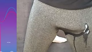 Huge hands free cumshot in through pants