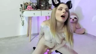 Petite girl ride like crazy on the dildo! Cute cat ears and full natural big Tits!