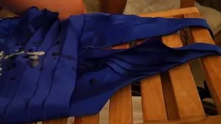 Satin Blue Halter Dress Ripped Up & Jizzed Up