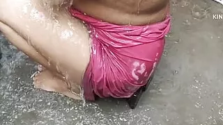 Indian house wife bathing outside with sex