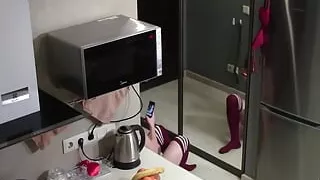 Redhead looking hot in matching bra and panties