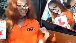 Fake Driving Instructor fucks his cute ginger teen student in the car and gives her a creampie