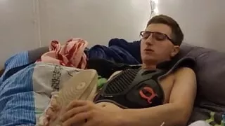 Young teen jerks off his cock and squirts on the sneaker