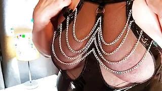 Trying on my PVC & Chains basque before our trip to the Sex Club