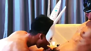 Masked plumber bbc back home young twinks costume bunny blowjob on sofa - femboyevj - gaysex