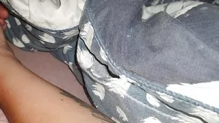 Step mom hand goes under blanket pulling out step son dick and handjob him gently