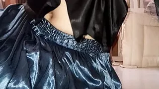 Crossdresser Cumming Wearing Satin Silk Blouse And Shiny Skirt