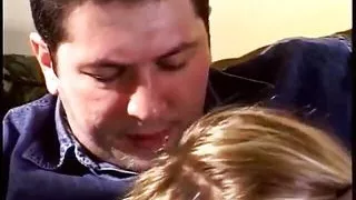 Blonde female parent watches while her teen girl gets taught about anal on couch