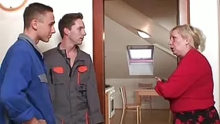 Busty mature blonde pleases two service guys