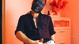 Masked handsome man Noel Dero watches kinky porn and jerks off. Loud moans and orgasm of a young guy.