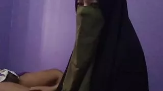 hijab girl sucks dick and licks dick then gives handjob