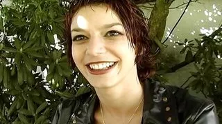 Slender French girl swallowing cum at the backyard