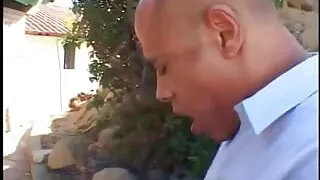 Passionate fucking with readhead babe in rear yard