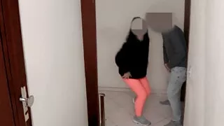 Married woman paying lost bet. Blowjob on the doorstep.