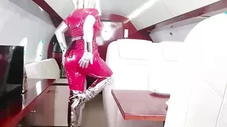 Hot Curvy MILF in Red Pvc Catsuit and Silver Over Knee Thigh High Boots