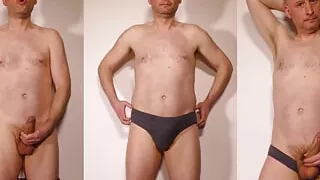 Kudoslong in shorts thrusting his erect cock then in briefs and naked wanking his hairy uncut penis