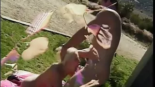 Babe with perky tits sucks and takes boyfriend's cock on lawn