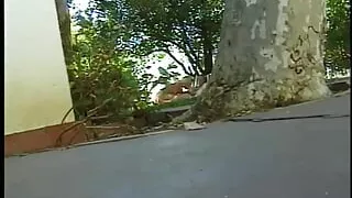 Hot blonde with white stockings on sucks and fucks outdoors