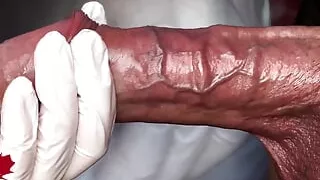 Super Closeup Handjob in White Latex Gloves with Feedback. Alternative View.