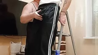 after repairing the chandelier, my mother-in-law jerks off my dick to a cumshot