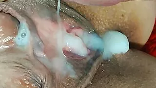 Finish together. Hot milf wife gets orgasm, I cum in her hairy pussy. close up - big wet creampie