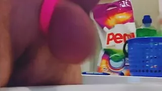 Cum powerfully in the bathroom. Big balls.