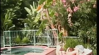 Busty blonde and brunette lick pussy and use toys poolside