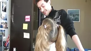 French teen getting a big load of cum on her face after doing homework