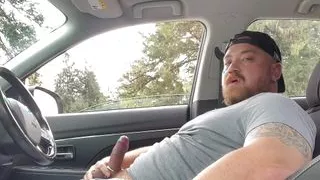 Handsome stocky beefy jock masturbating in car