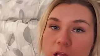 Blonde babe tastes own pussy juice off dildo!