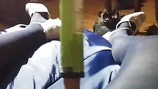 Blue pantyhose and cock milking