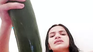 I broke into my pussy sitting on the cucumber and even left my ass all red