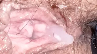 Hairy Bush macro closeup with creampie dripping, Amateur Milf Wife on homemade sextape with the most beautiful hairy bush