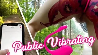Public dare - stepsister walks around naked outdoors in park and plays with remote control vibrator in her pussy