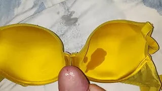 Pretty explosion of sperm on dirty yellow bra