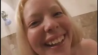 Young blonde opens her mouth wide to get cumload finale