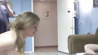 Sexy brunette sucks dude's cock and then gets fucked in bed