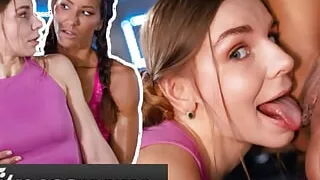 Fitness Rooms MILF lesbian Angel Dark fingering petite babe Arina Shypussy licking orgasm at the gym