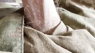 Horny soldier wearing army issued briefs jerks off and shoots a load on his OCPs and briefs!